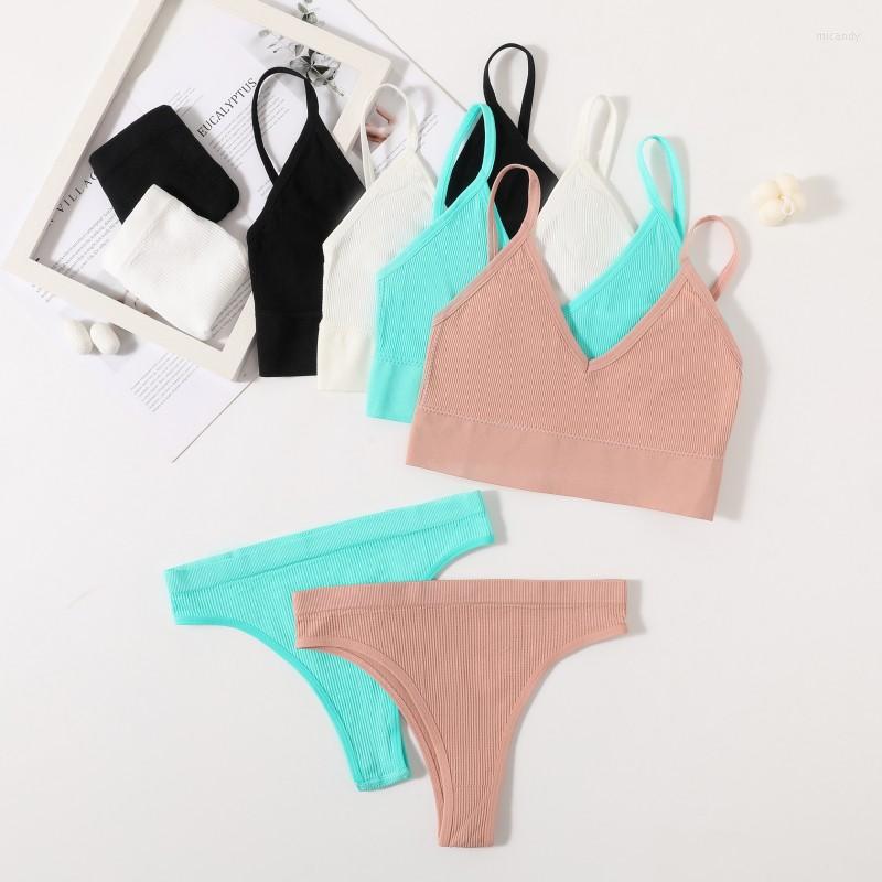 

Bras Sets Women Seamless Bra Set Sexy Thongs Low Waist HIgh Leg Panties Wire Free Top Lingerie Female U Back Underwear, Blue