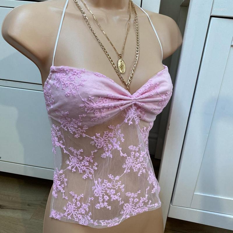 

Women' Tanks Fairy Coquette Folds Chest Wrap Backless Tie Up Crop Tops 90s Vintage Floral Mesh Vest Tank Y2K Cute Pink Halter Camis