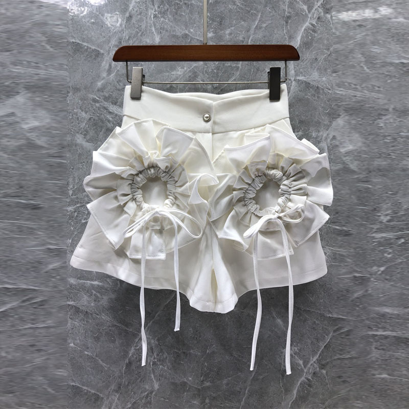 

Womens Shorts Chic 3d Floral Ruffles Patchwork Design Women Summer High Waist Wide Leg Pants Fashion Solid A Line Short Femme 230508, Black