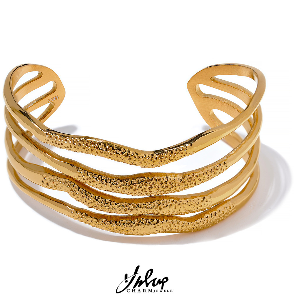

Charm Bracelets Yhpup Statement Metal Layered Geometric Stainless Steel Pvd Gold Color Texture Bracelet Bangle Exclusive Personalized Jewelry 230508