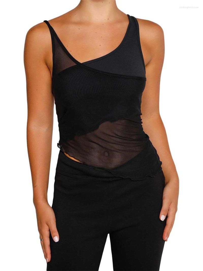 

Women' Tanks Women Asymmetrical Mesh Tank Tops Summer Casual Solid Color Sleeveless Crop T-shirt For Streetwear Club Wear, Black