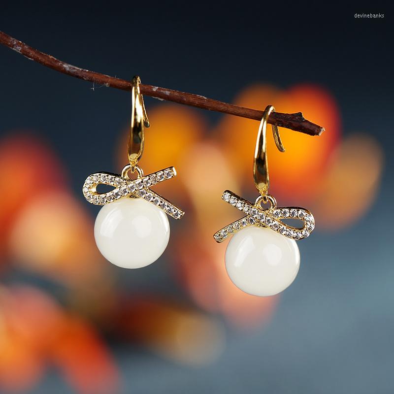 

Dangle Earrings S925 Sterling Silver Inlaid Natural Qinghai Hetian White Jade Beads Fashion Bow