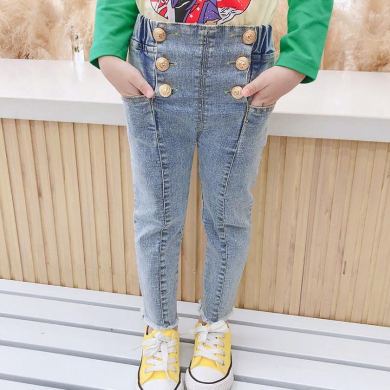 

Jeans Double Breasted Pants For Kids Spring Autumn Bottom High Waist Long Trousers Girl's Pencil Skinny Denim, Blue