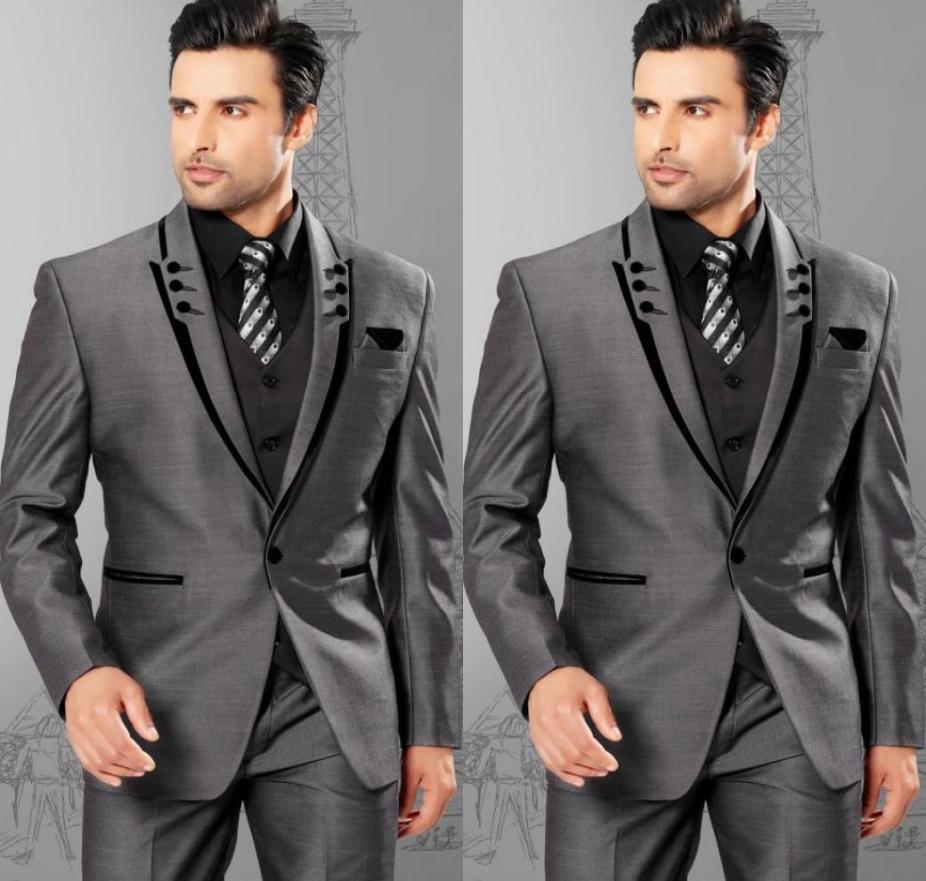 

Men Suits Slim Fit Peaked Lapel Tuxedos Grey Wedding Suits For Men 2015 Groomsmen Suits One Button Mens 3 Piece Suit JacketPants5930196, Black