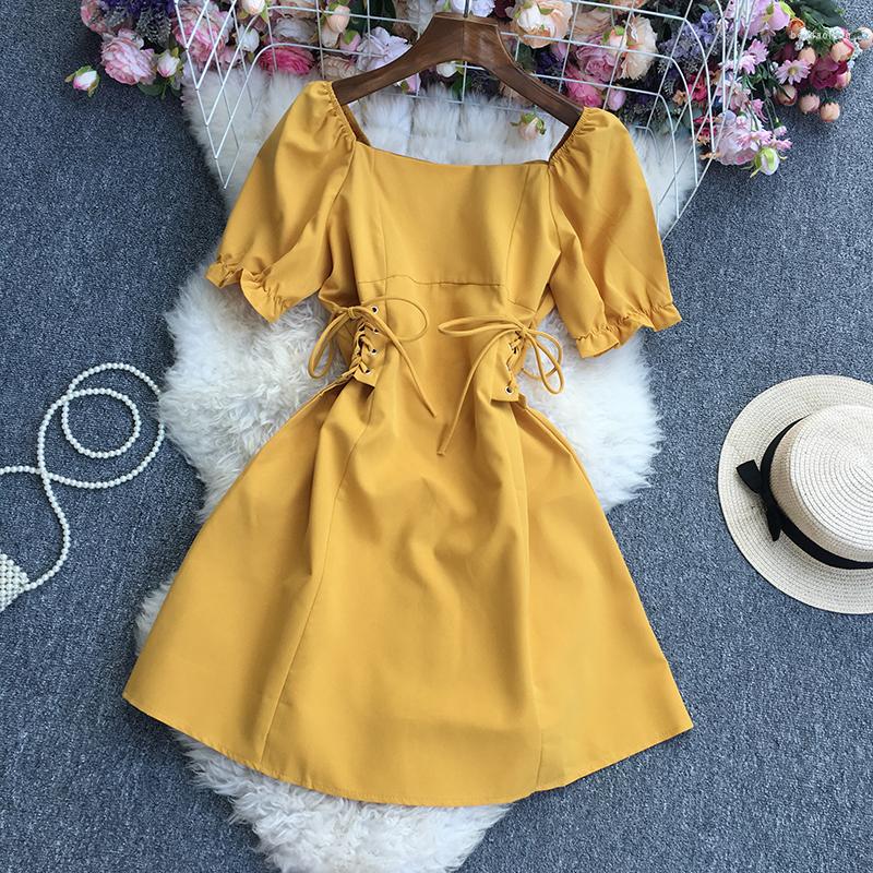 

Casual Dresses Women's Dress Solid Simple Korean 2023 Summer Ins Chic Square Collar Puff Short Sleeves High Waist Bandage Mini, Khaki