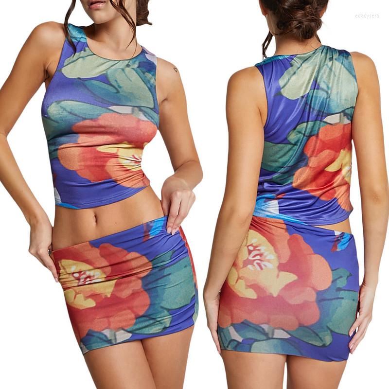 

Work Dresses Women' Suit 2PCS Outfits Skirt Sets Retro Big Flower Sleeveless O-Neck Crop Tank Top Super Short Hip Clothes