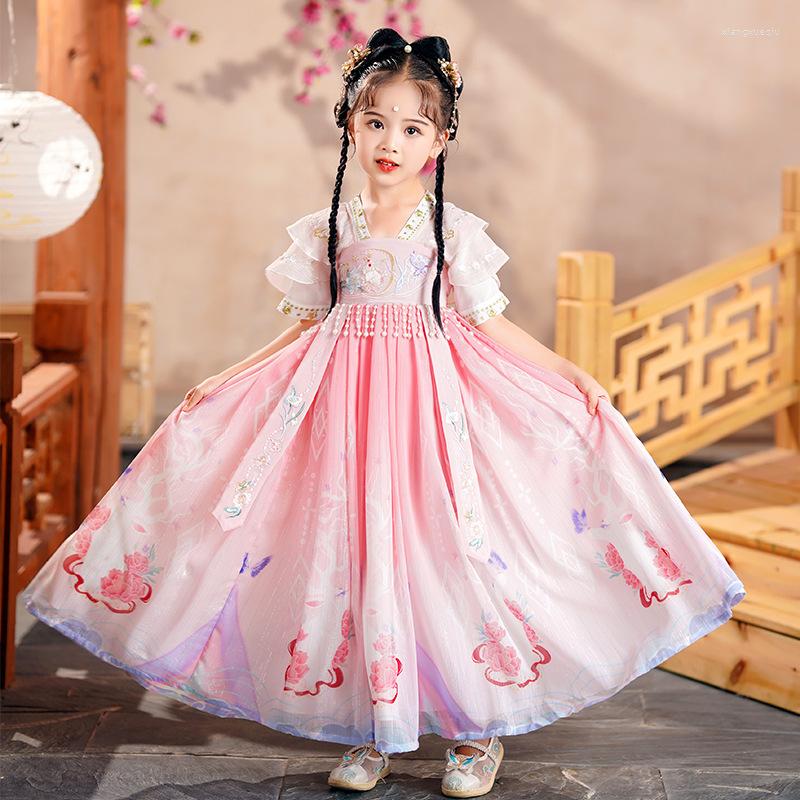 

Girl Dresses Girls Hanfu Dress Tang Suit 2023 Summer Chinese Style Fashion V-Neck Short Sleeve Embroidery Patchwork Princess Ancient Costume, Pink
