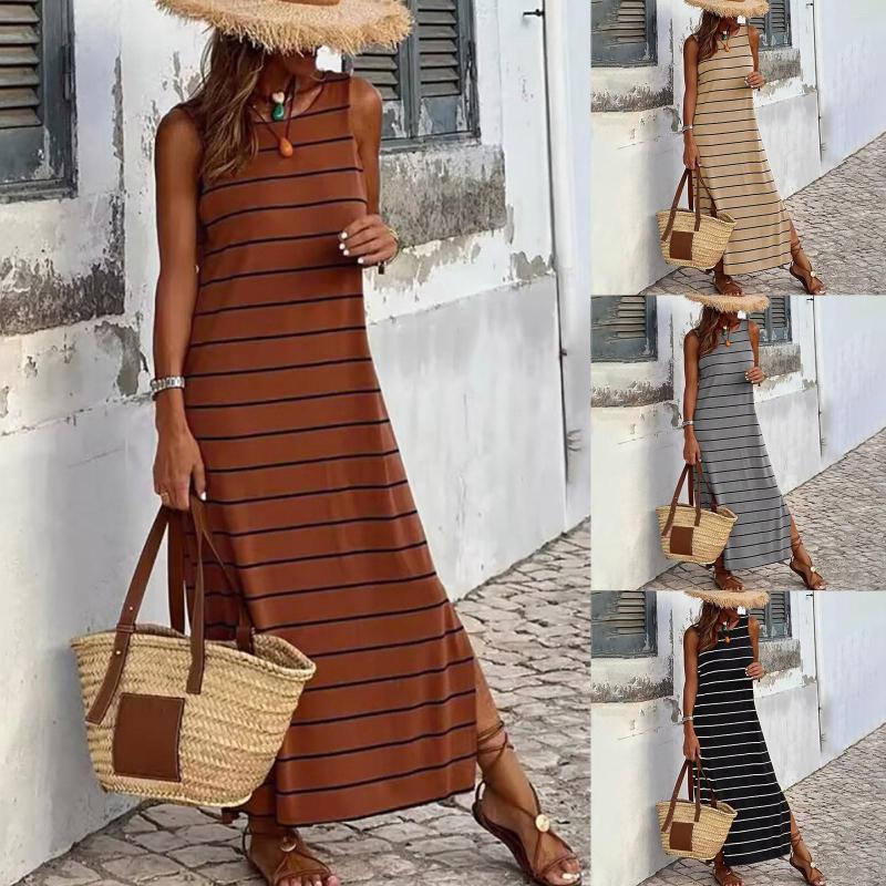 

Casual Dresses Ladies Solid Color Striped Sleeveless Holiday Side Slit Loose Long Dress, Black