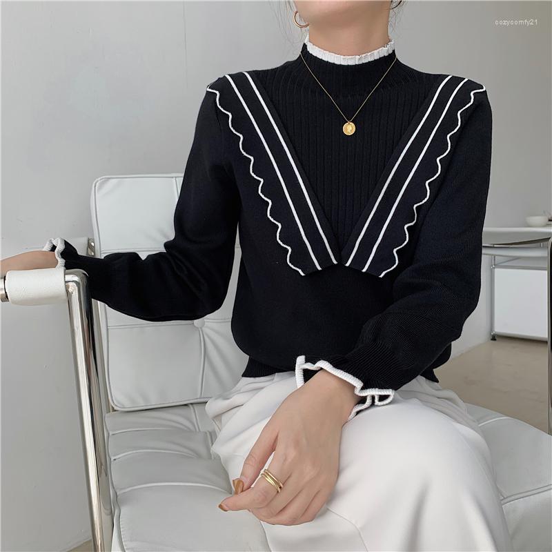 

Women's Sweaters 2023 Autumn Mock Neck Ruffles Womens Knitted Sweater Flare Sleeve Slim Elegant Office Lady Pullover Fashion Top Black Pull