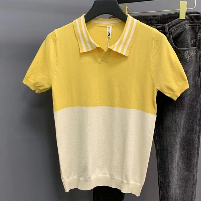 

Men's Polos British Style Contrast Color Stitching Men Shirt Slim Fit Knitted TShirt Lapel Social Club Outfits Camisa Hombre 230508, Black