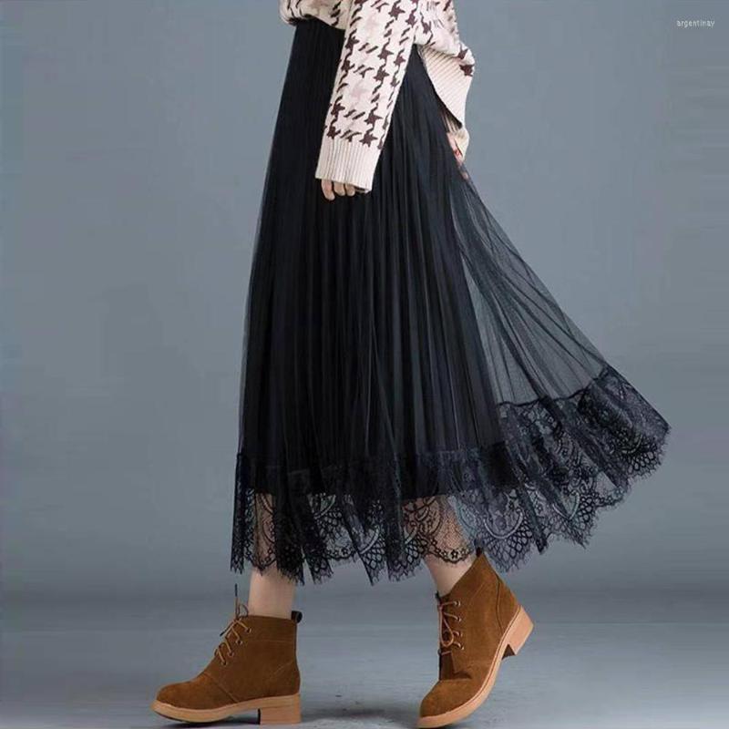 

Skirts Lace Tulle Skirt Women High Waist Mesh Long Pleated Tutu Female Jupe Longue Reversible Midi For, 250 black
