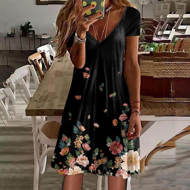 

Casual Dresses Floral Pritned Short Sleeve Summer For Women 2023 V Neck Swing Flowy Mini Dress Elegant Female Vestidos De Fiesta, Blue