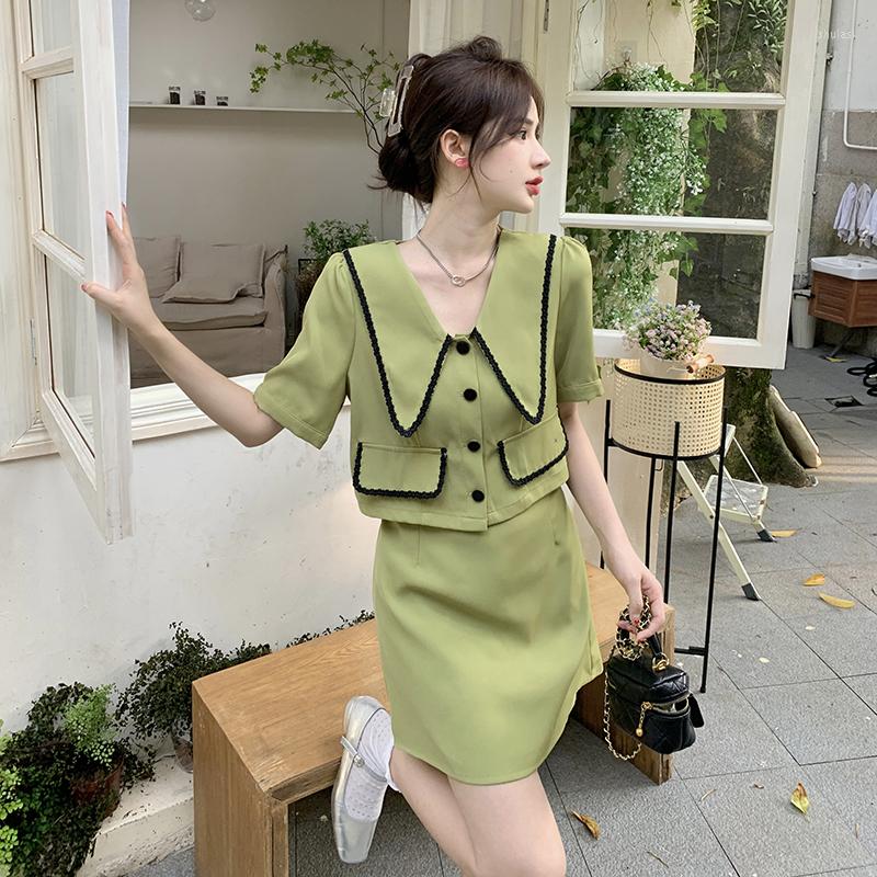 

Work Dresses DUOFAN Large Size Suits Lady Summer Fashion Contrasting Colors Lapel Women Clothing Short Sleeve Top Mini Skirts Two-piece Sets, Black