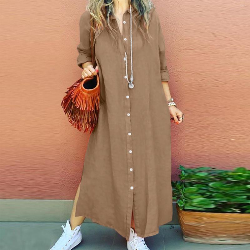 

Casual Dresses Summer Shirt Long Dress Women Sleeve Side Split Button 2023 Female Elegant Solid Color Pocket Loose, Red
