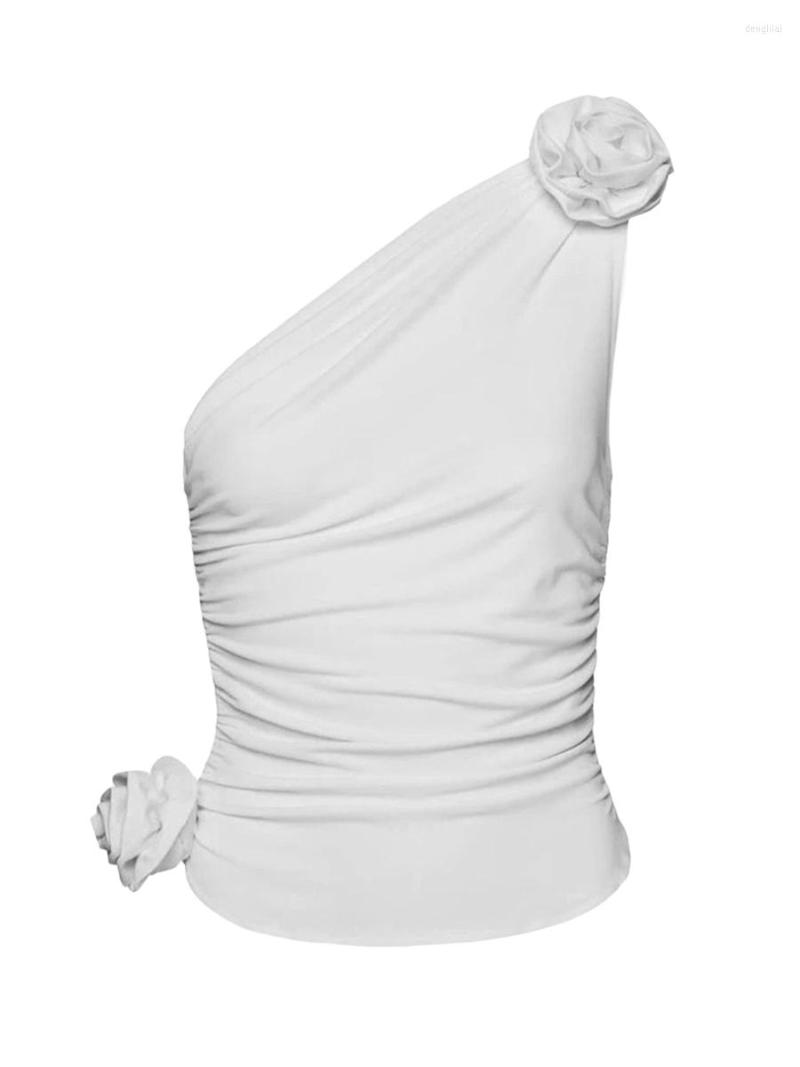 

Women' Tanks Women  Sexy Ruched One Shoulder Sleeveless Crop Top 3D Rosette Slim Fit Tank Tops 2023 Summer Y2k Vest Streetwear, A-white
