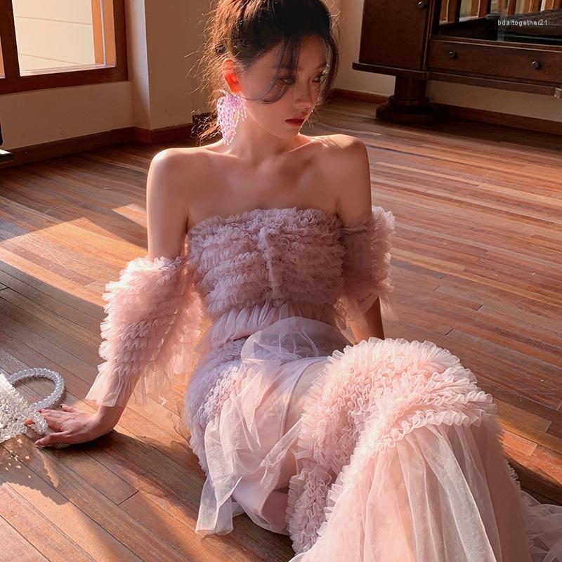 

Women's Swimwear Pink Mesh Cake Skirt French Shoulder Holiday Fairy Fan Slim Gentle Long One-piece Swimsuit Female Korean Style