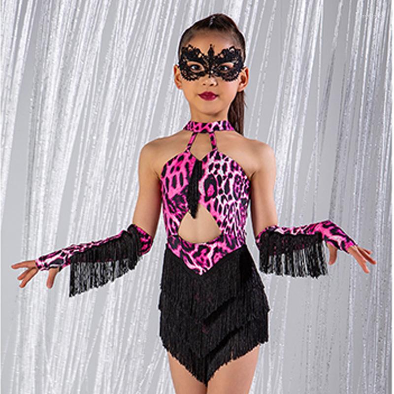 

Stage Wear Girls Latin Dance Clothes Pink Leopard Fringe Dress Performance Suit Kids Cha Rumba Samba Costume DNV17619, Picture shown