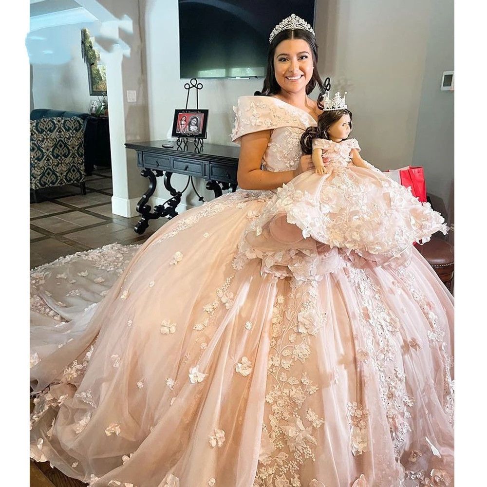 

2023 Blush Pink Quinceanera Dresses Ball Gown Off Shoulder Lace 3D Floral Flowers Beads Plus Size Sweet 16 Corset Back Formal Party Prom Evening Gowns, Chocolate
