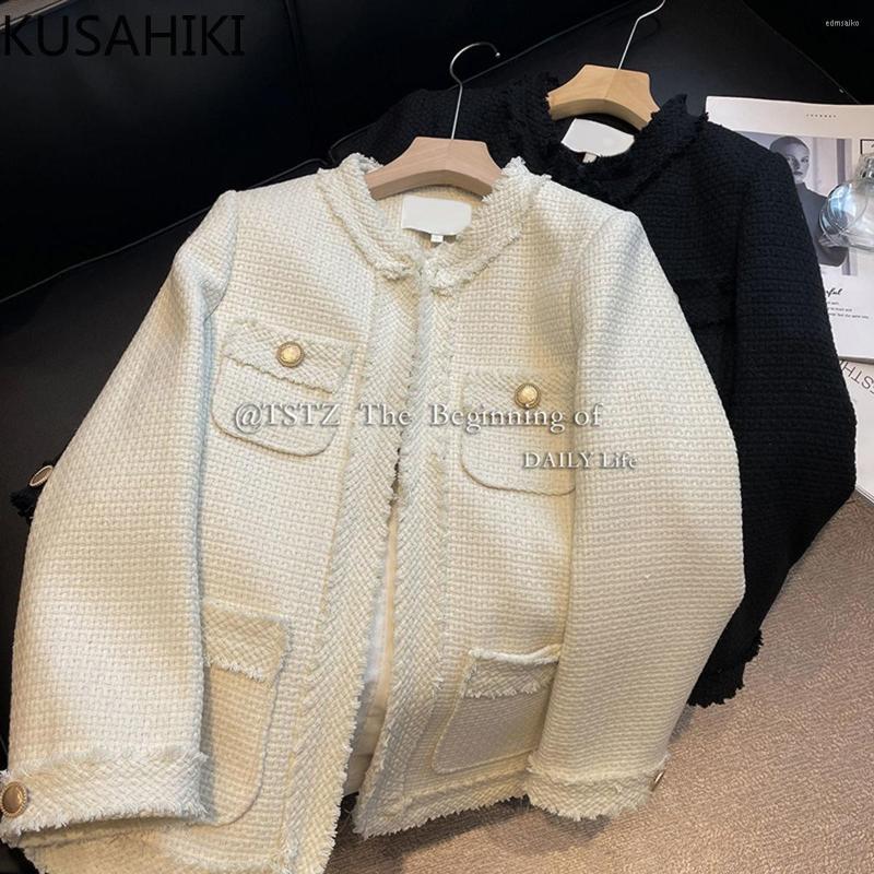 

Women' Jackets KUSAHIKI Fashion Tweed Women Jacket 2023 Autumn Winter Outwear Tops Causal Long Sleeve O-neck Korean Elegant Coat Feminina, Apricot