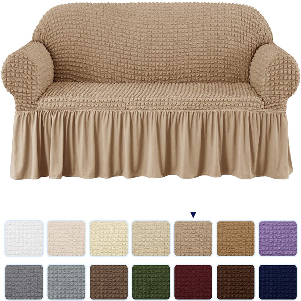 Subrtex Stretch 1-Piece Pleated Ruffled Skirt Sofa Slipcover, Oatmeal-image-864094412