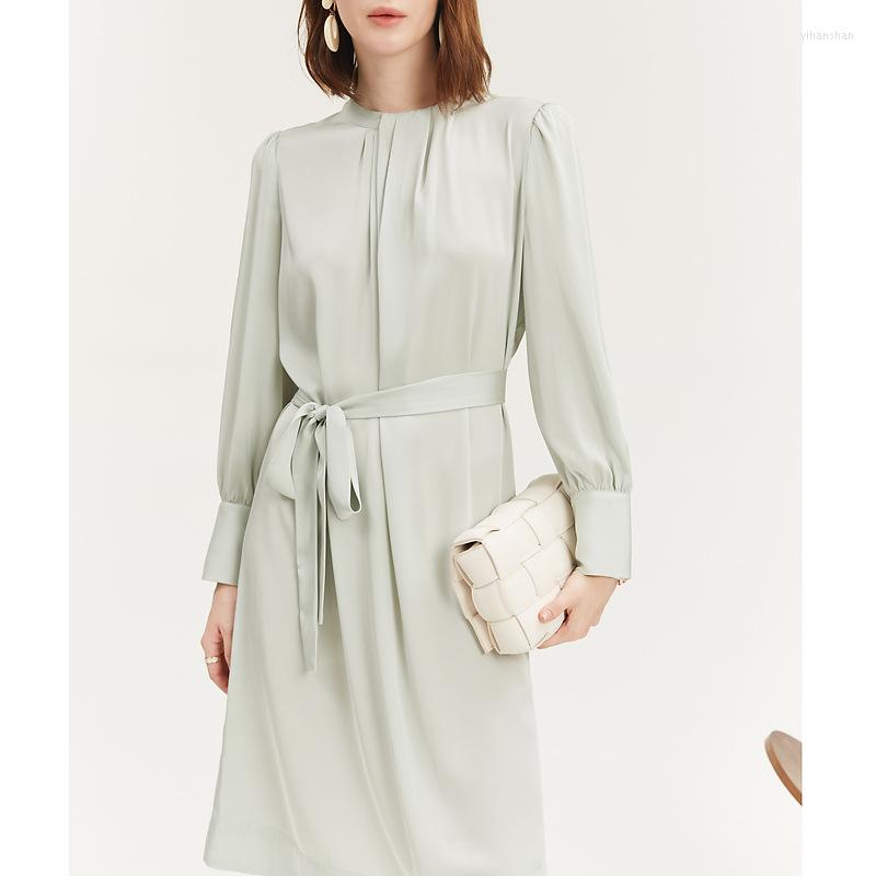 

Casual Dresses Silk Stretch Satin Dress Women's Design Sense Mulberry Round Neck Long-sleeved A-line Skirt Women 2023 Spring Year, Maroon