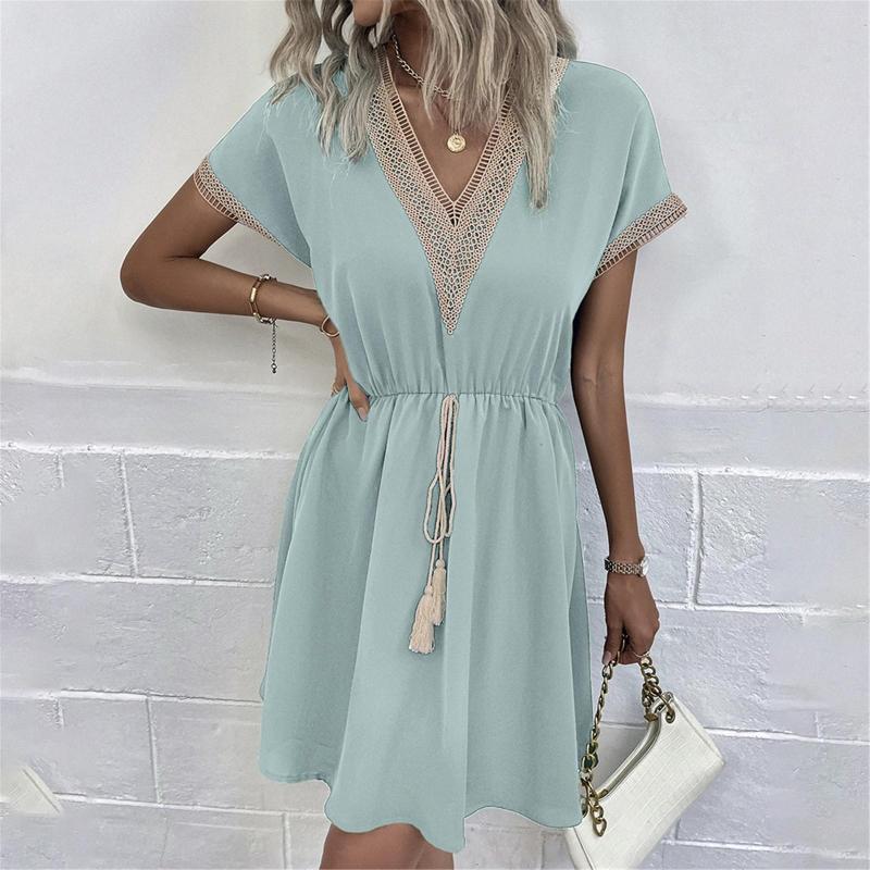 

Casual Dresses Boho Ladies Tunic Waist Sundress 2023 Summer Loose Short Sleeve V Neck Solid Lace Stitching Dress, Beige