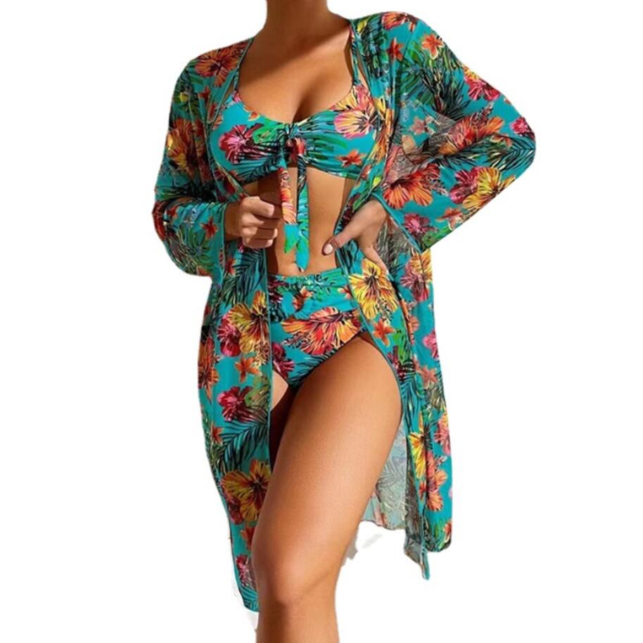 

Floral Twist Low Waist Bikini Set Cover Up Swimsuit For Women Push Up Long Sleeve Three Pieces Swimwear 2023 Beach Bathing Suits