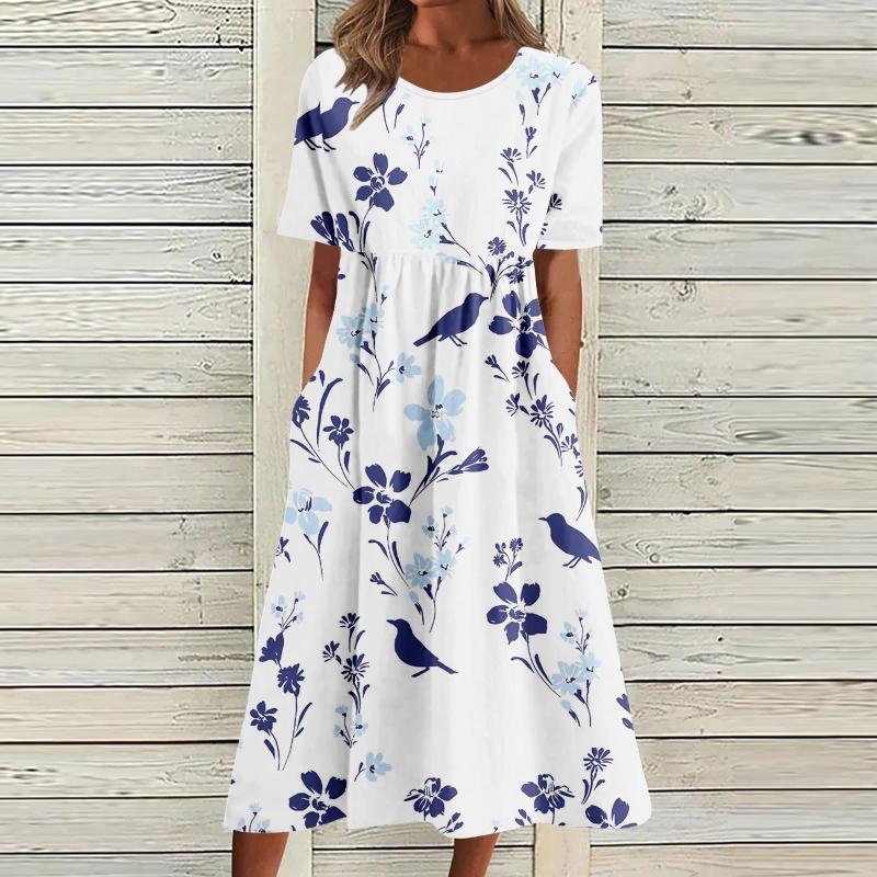 

Casual Dresses 2023 Woman Floral Print Dress Short Sleeve O Neck With Pocket Holiday Bohemian Midi Korean Style Clothes, Mint green