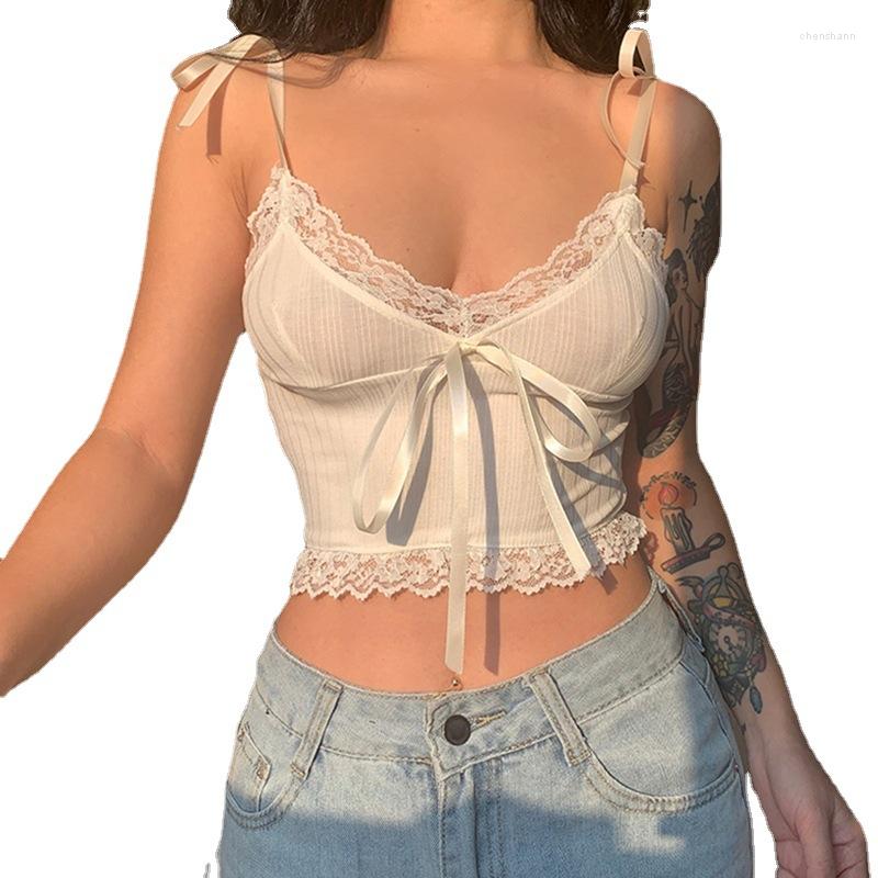 

Women's Tanks Pit Lace Stitching Lovely Pure White Suspender Vest 2023 Sexy Show Figure Low Cut Bottom Shirt Spicy Girl Top