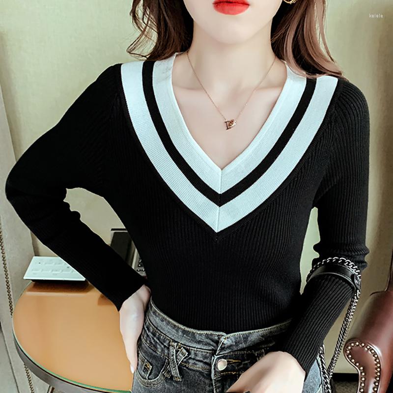 

Women's Sweaters V Neck Fashion Sweater Long Sleeve Women Pullover Knit Autumn Slim Jumpers Female Elastic Warm Top Femme Sweraters Ladies, Black