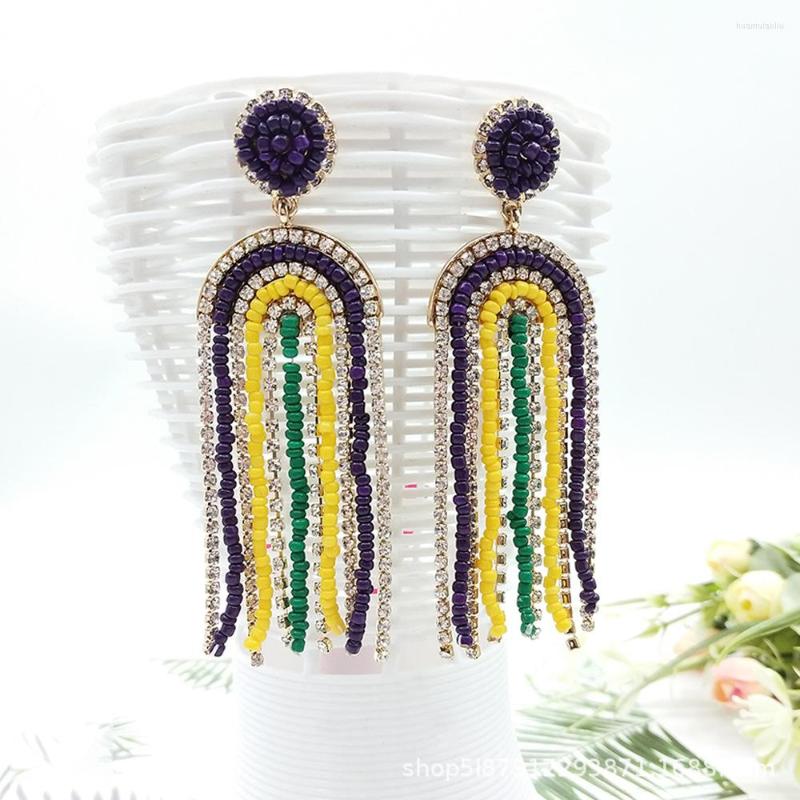 

Stud Earrings Fringed Hand Woven Beading Retro Sector C-word Originality Geometry Bohemia Alloy Female Rice Bead