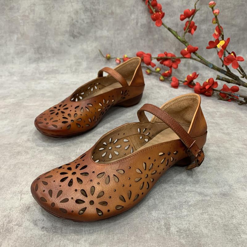 

Sandals Summer Vintage Genuine Leather Hollow Out Thick Heel Women's Shoes Sandalias De Mujer Ladies, Beige