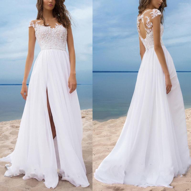 

Casual Dresses Elegant Lace Chiffon Long Evening Dress Women Solid Backless V Neck High Waist Maxi Wedding Party Bridesmaid, White