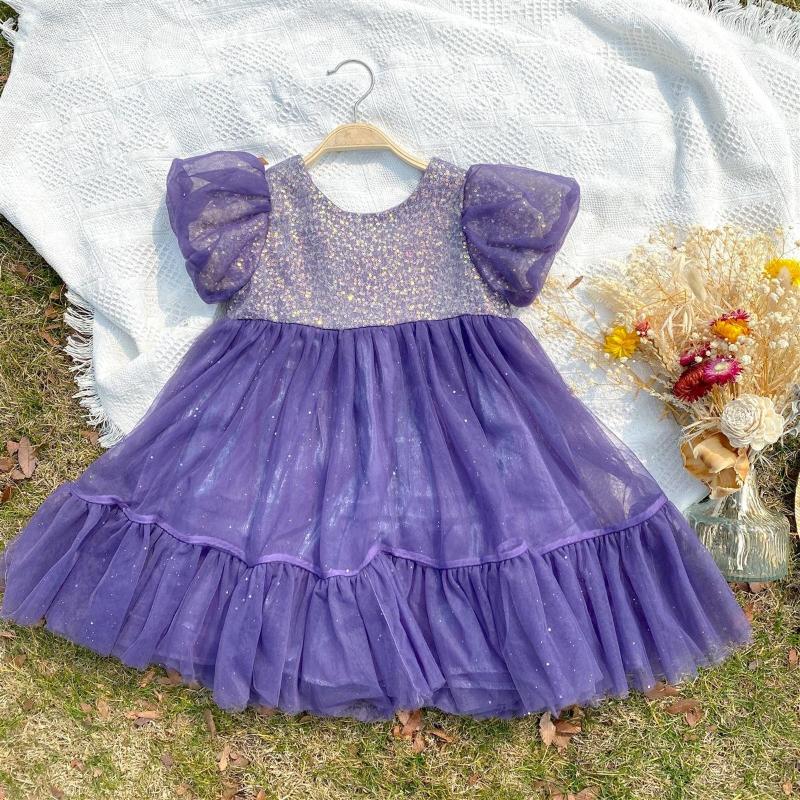 

Girl Dresses Korean Style Princess Dress 2023 Summer Baby Foreign Sequined Mesh Skirt Puff Sleeve Gauze, Purple