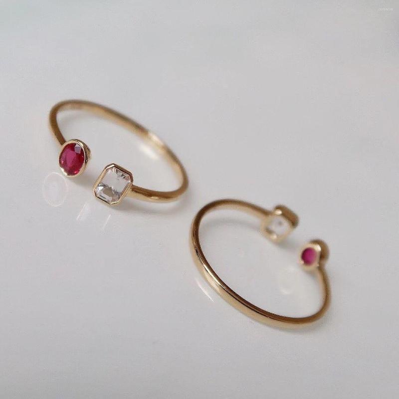 

Cluster Rings MADALENA SARARA 18K Yellow Gold Simple Oval Ruby Stone And White Retangular Women Opening Ring