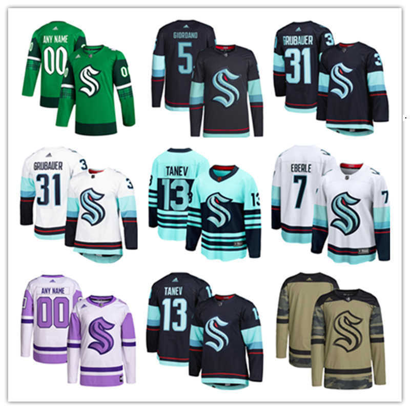

Seattle Custom Kraken Hockey Jerseys 31 Philipp Grubauer 13 Brandon Tanev 7 Eberle 37 Yanni Gourde 5 Mark Giordano 10 Matty Beniers 29 Vince Dunn 24 Jamie Oleksiak, Color