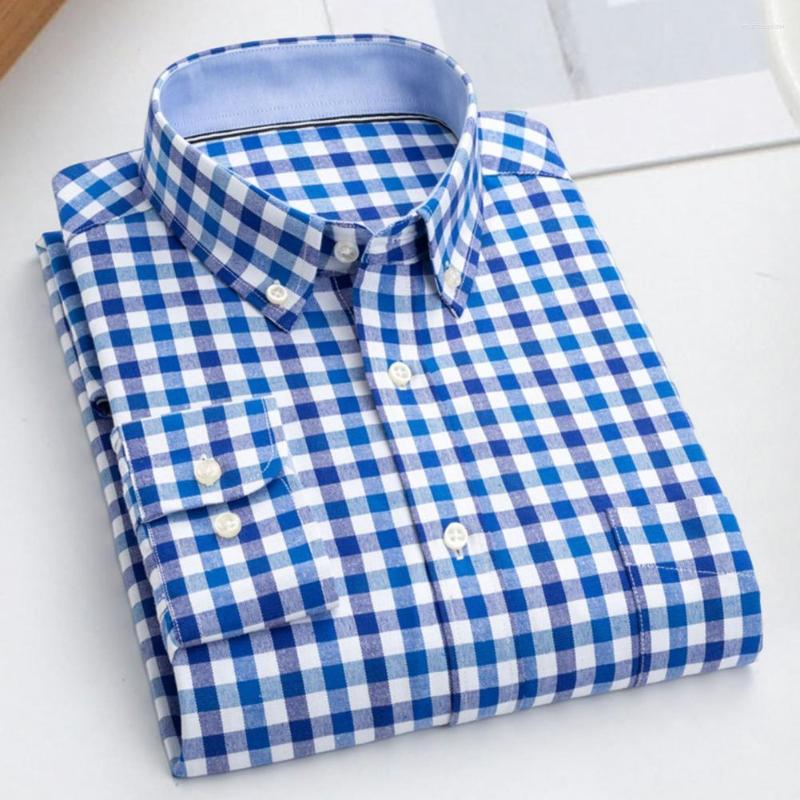 

Men's Casual Shirts Men Shirt Long Sleeves Business Top Sweat Absorbent Cotton Blend Plaid Print Spring Ropa Hombre, Blue