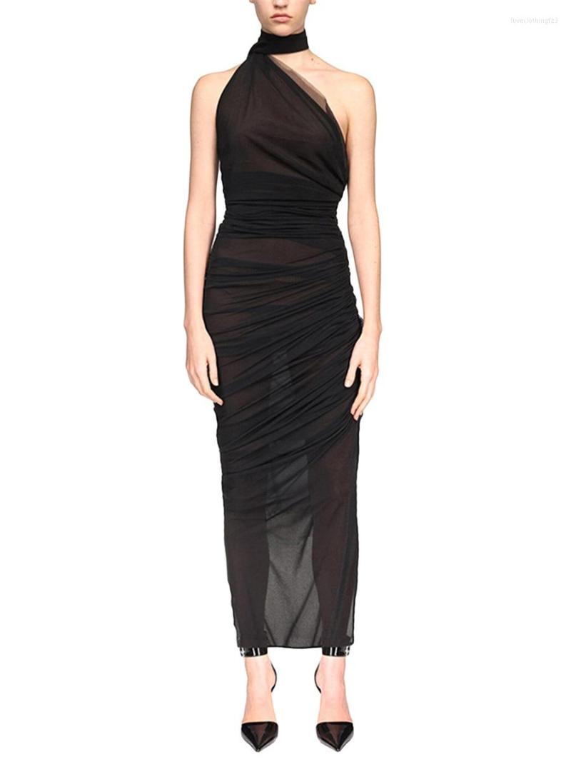 

Casual Dresses Women  Sleeveless Lace Summer Solid Color Hanging Neck Side Split Sexy See-Through Bodycon Club Party Dress, C-black