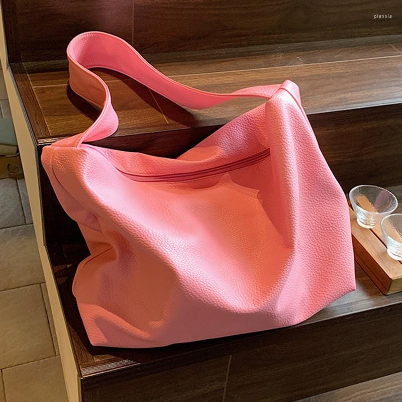 

Evening Bags Big Capacity Bucket Bag Women Handbag Solid Color Shoulder 2023 Summer Soft PU Leather Shopper Pack Purse Lady Tote, Pink