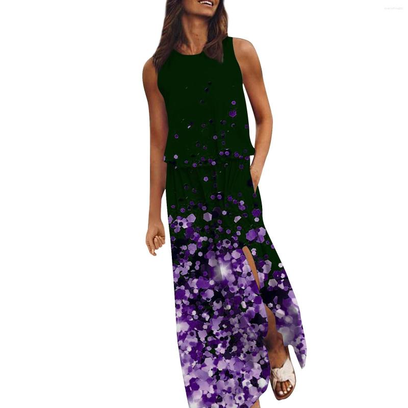 

Casual Dresses Summer Dress For Women Sleeveless With Elastic Waistband Stitching Day Printed Split Sexy Woman 2023 Trendy, Multicolor