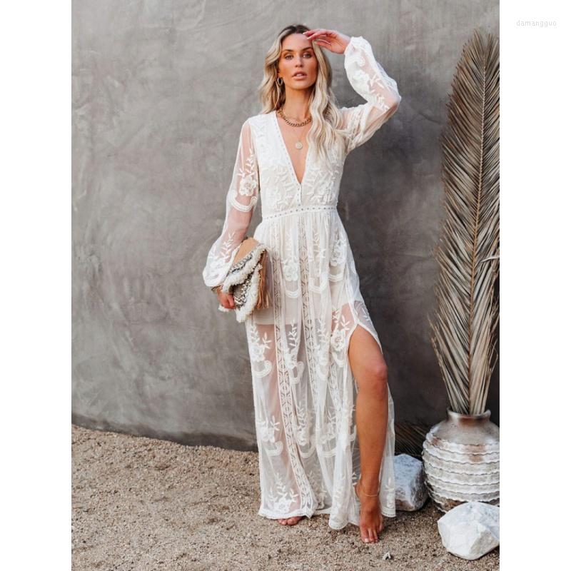 

Women' Swimwear 2023 Long White Tunic Bikini Cover-ups Sexy Deep V-neck Slip Maxi Dress Summer Clothes Women Swimsuit Cover