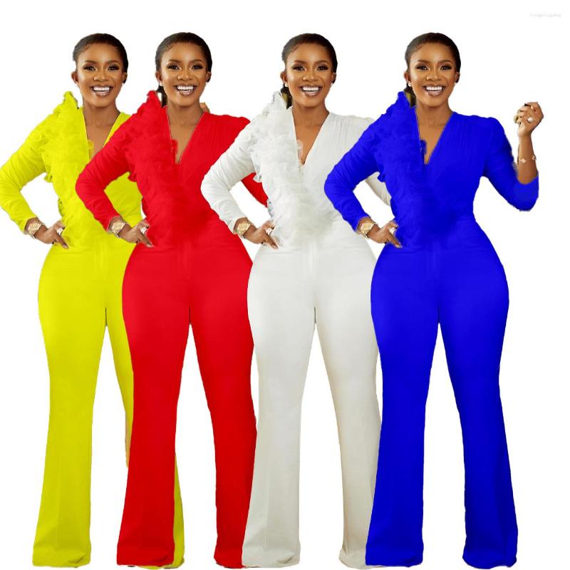 

Ethnic Clothing African Clothes For Women 2023 Spring And Summer Long Sleeve V-neck Solid Color Jumpsuit