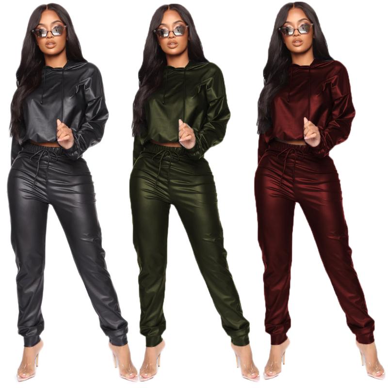 

Women's Two Piece Pants S-2XL Women Tracksuits Long Sleeve Hoodies Solid Color Pu Loose Elasticity Street 2 Sets Outfit Wholesale Drop, Maroon