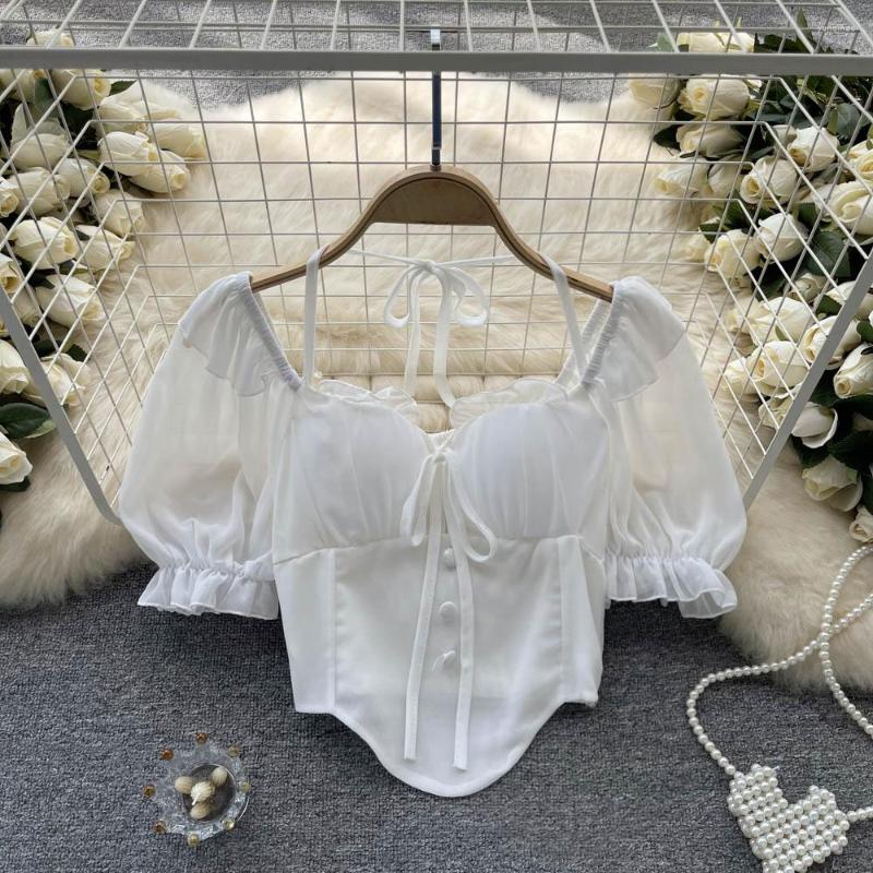 

Women's Blouses Women's Short Sleeve Chiffon Blouse 2023 Summer French Bubble Lace Up Solid Slim Shirts Chic Ladies Crop Top, White