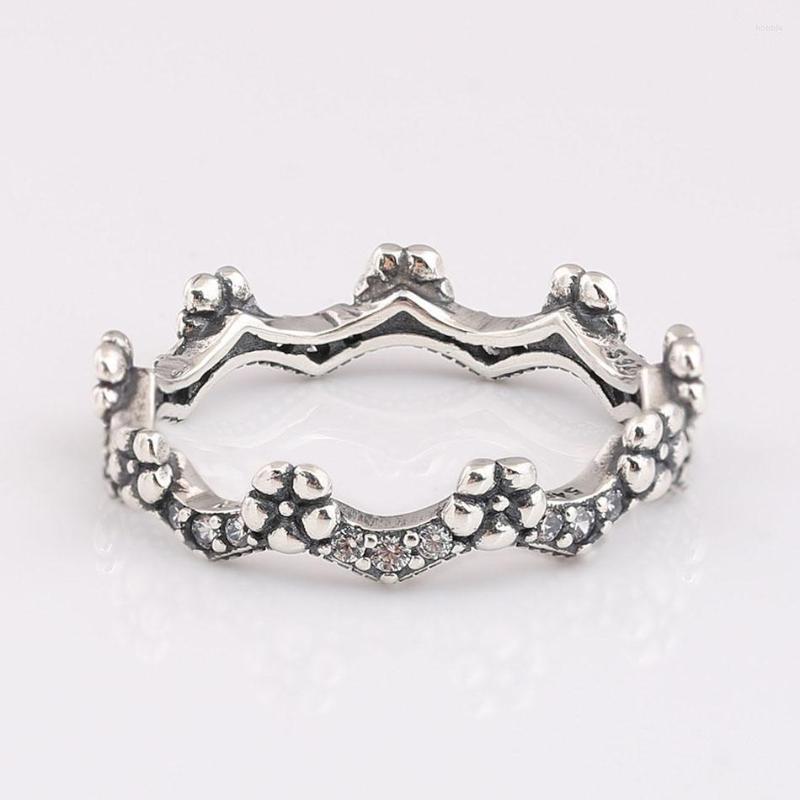 

Cluster Rings S925 Silver Flower Crown With Crystal Ring For Women Wedding Party Gift Fit Lady Fine Jewelry
