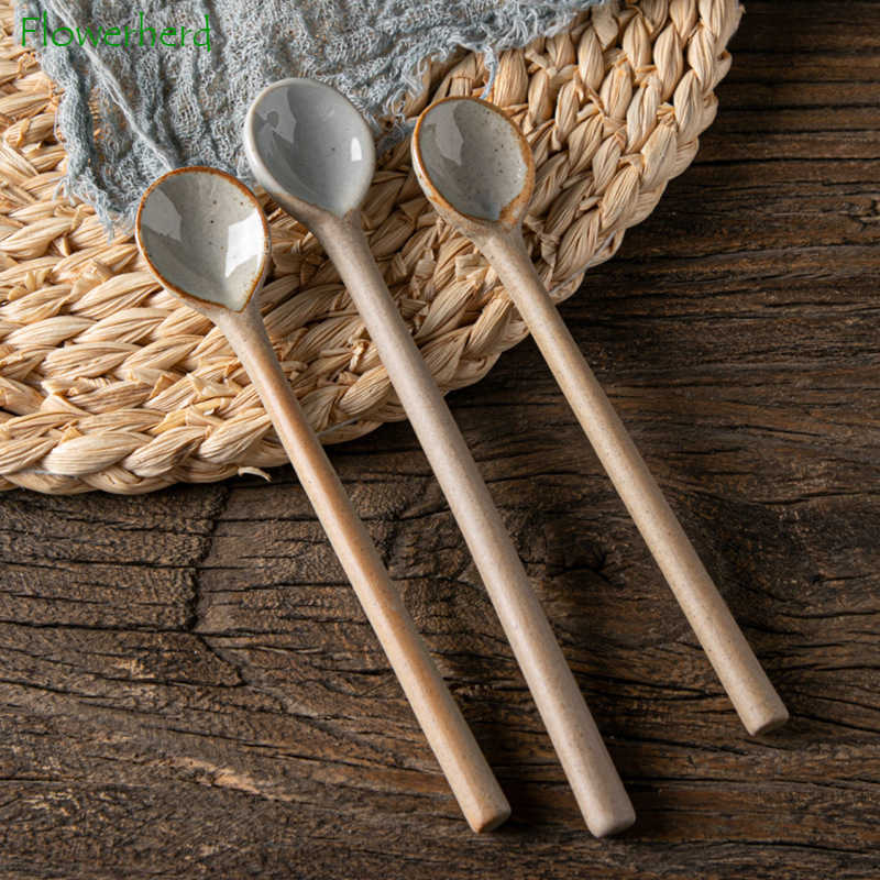 Coffee Scoops Japanese-style hand-squeezed retro coffee spoon ceramic spoon long handle thick coffee spoon ceramic spoon household tea spoon P230-image-864090374