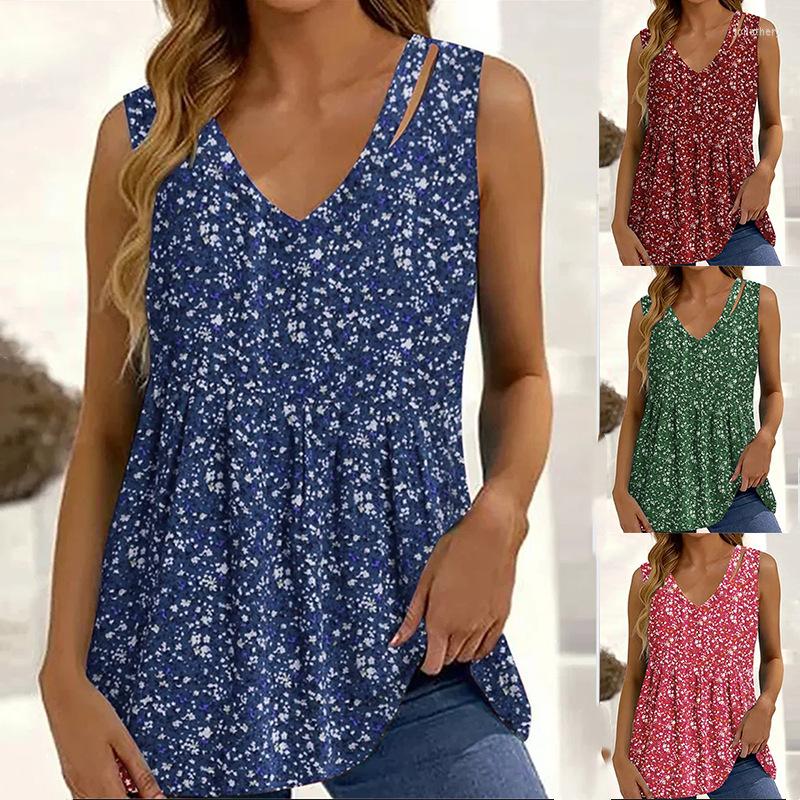 

Women' Tanks Summer Women' Fashion Pleated Sexy V-Neck Pullover 2023 Casual Floral Tank Top Sleeveless Plus Size Comfortable, Blue