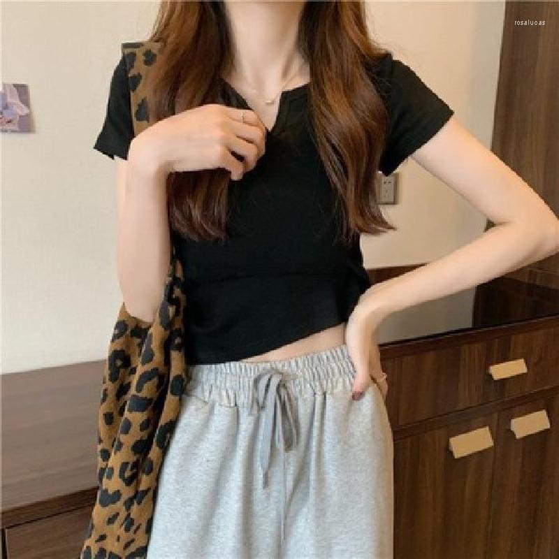 

Women's T Shirts 2023 Summer Clothes Fashion Small V-neck Design Slim Top Female Crop Solid Color Short Sleeve T-shirt Women's Sense Of, Black