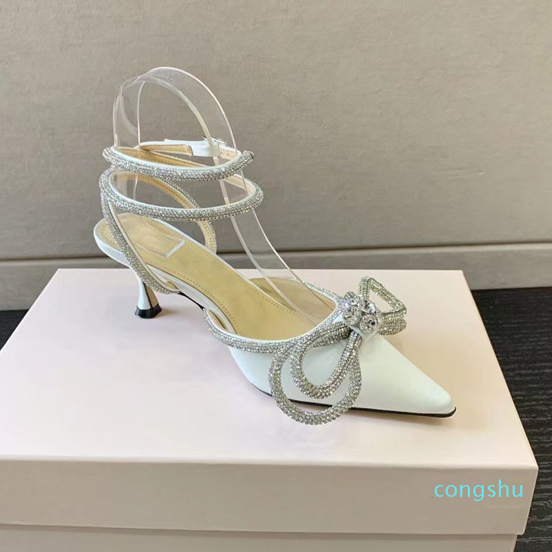 

Mach Satin Bow Pumps Crystal Embellished Evening shoes 65mm stiletto Heels sandals women medium heels Luxury Designers ankle strap Dress shoe factory footwear, 1#