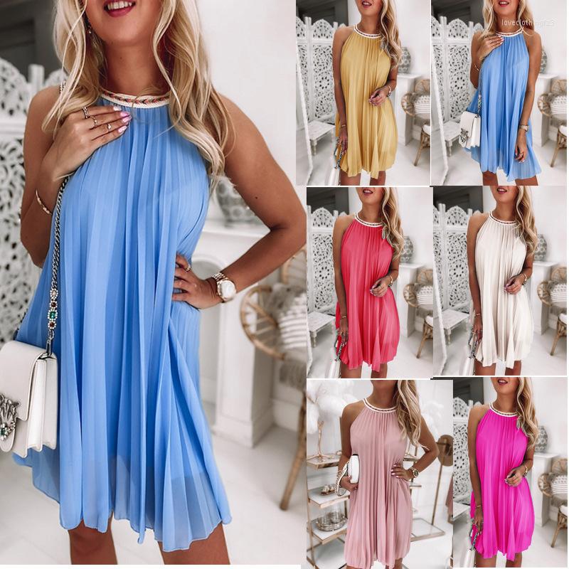

Casual Dresses Summer Solid Color Chiffon Mini Dress Women Loose Sexy Sleeveless Hang One's Neck Large Swing Beach Holiday Fashion, Red